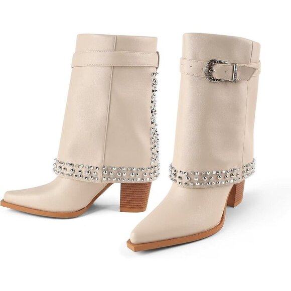 ✨ Neitivet Boots Women Cream Polyurethane (PU) Folding Chunky Heel Rivet Boots - Picture 3 of 6